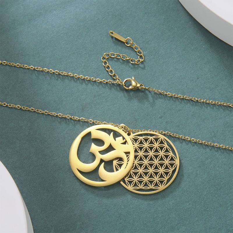 Buddha Stones Om Symbol Hollow Flower Design Stainless Steel Connection Necklace Pendant