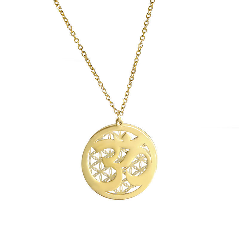 Buddha Stones Om Symbol Hollow Flower Design Stainless Steel Connection Necklace Pendant