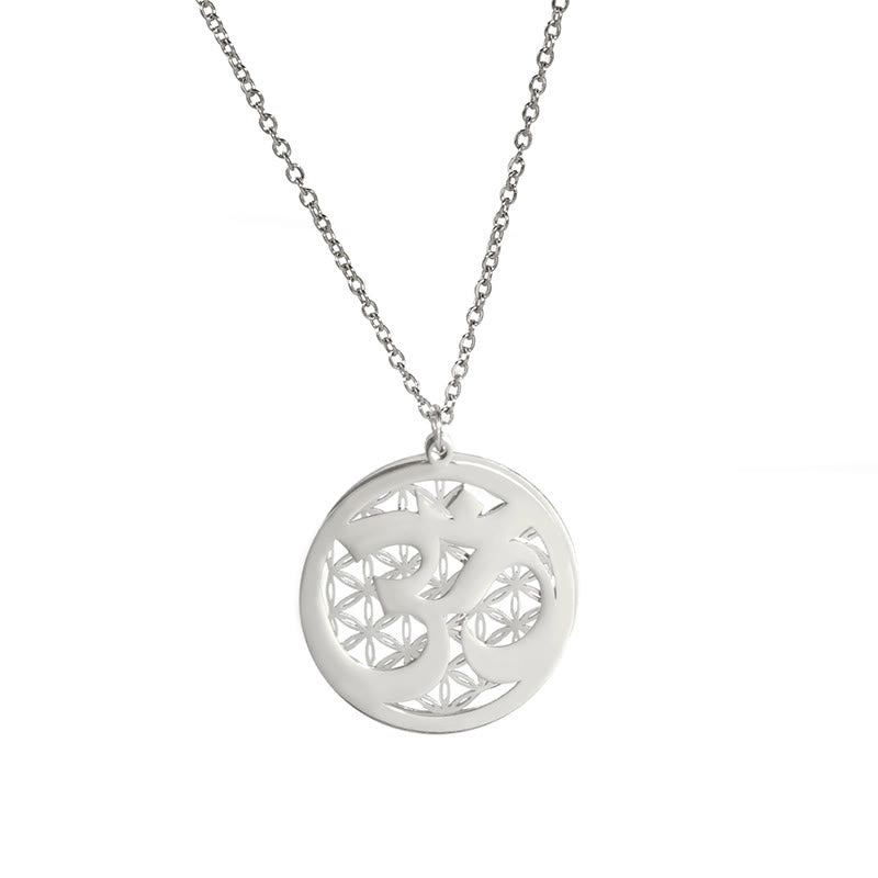 Buddha Stones Om Symbol Hollow Flower Design Stainless Steel Connection Necklace Pendant