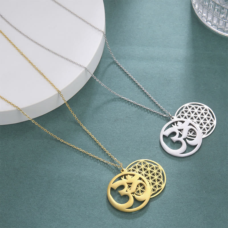 Buddha Stones Om Symbol Hollow Flower Design Stainless Steel Connection Necklace Pendant