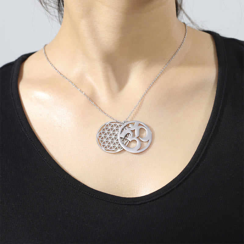 Buddha Stones Om Symbol Hollow Flower Design Stainless Steel Connection Necklace Pendant