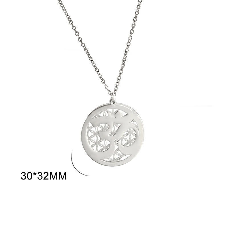 Buddha Stones Om Symbol Hollow Flower Design Stainless Steel Connection Necklace Pendant