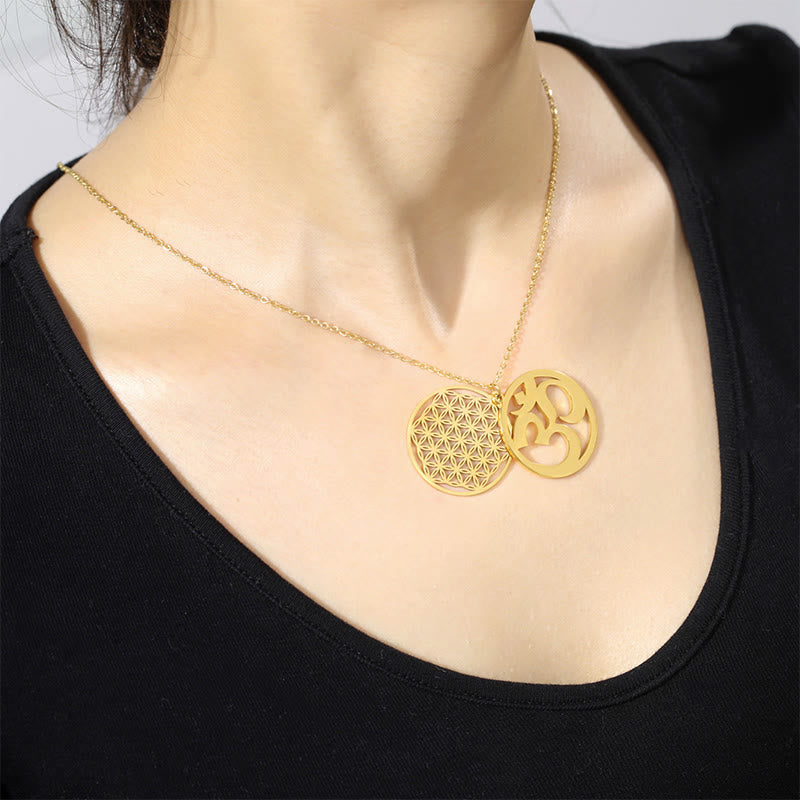Buddha Stones Om Symbol Hollow Flower Design Stainless Steel Connection Necklace Pendant