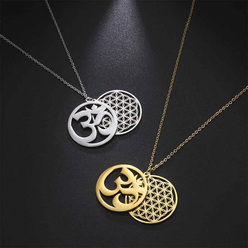 Buddha Stones Om Symbol Hollow Flower Design Stainless Steel Connection Necklace Pendant