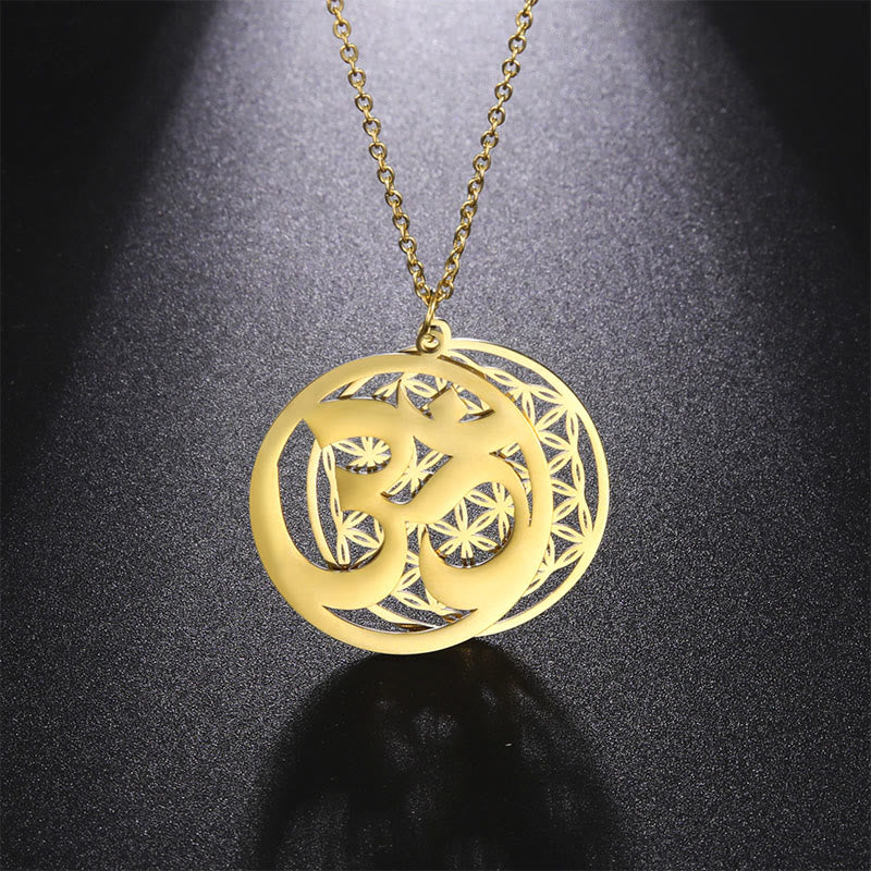 Buddha Stones Om Symbol Hollow Flower Design Stainless Steel Connection Necklace Pendant