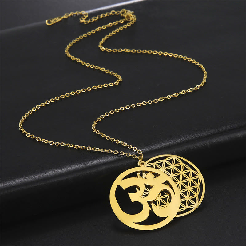 Buddha Stones Om Symbol Hollow Flower Design Stainless Steel Connection Necklace Pendant