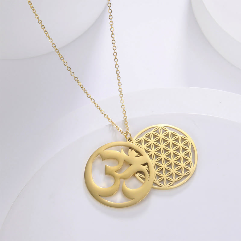 Buddha Stones Om Symbol Hollow Flower Design Stainless Steel Connection Necklace Pendant