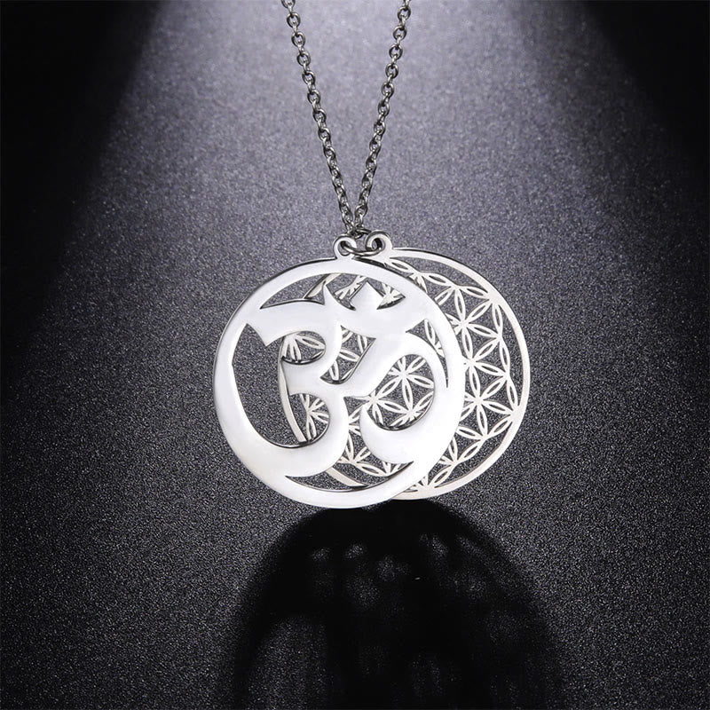 Buddha Stones Om Symbol Hollow Flower Design Stainless Steel Connection Necklace Pendant