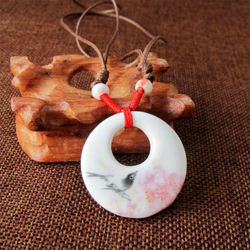Buddha Stones Ethnic Peony Peach Blossoms Lotus Symbol Ceramics Necklace Enlightenment Pendant
