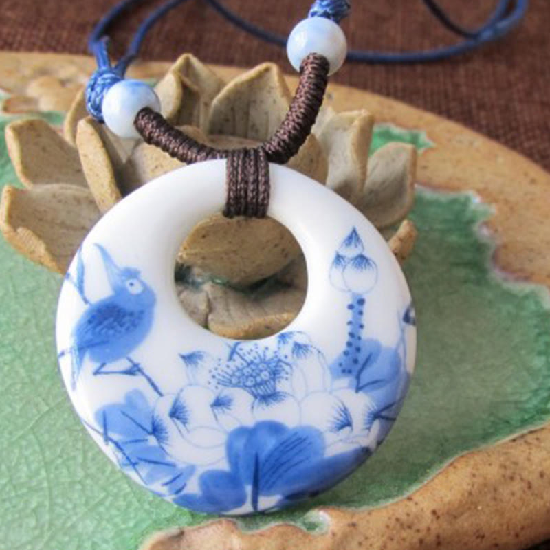 Buddha Stones Ethnic Peony Peach Blossoms Lotus Symbol Ceramics Necklace Enlightenment Pendant