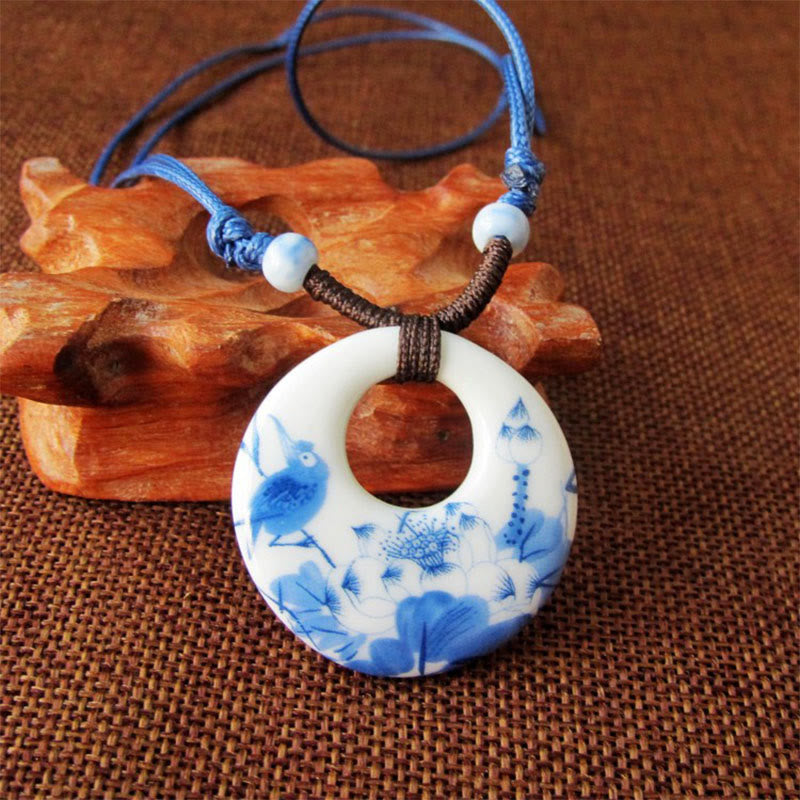 Buddha Stones Ethnic Peony Peach Blossoms Lotus Symbol Ceramics Necklace Enlightenment Pendant