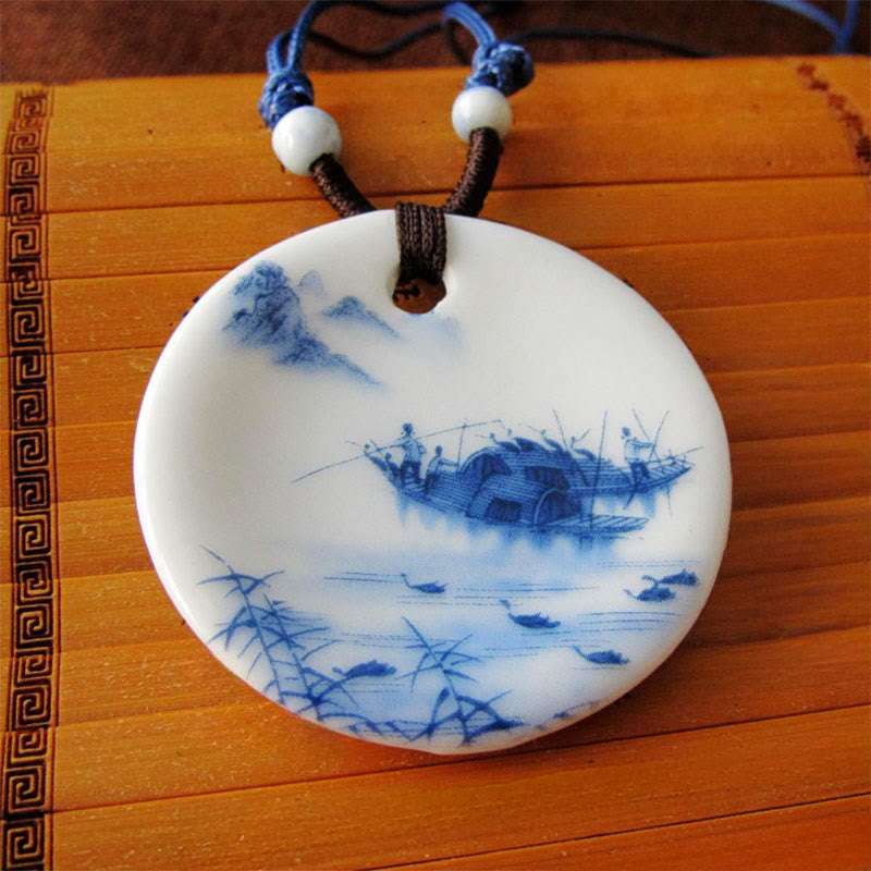Buddha Stones Ethnic Peony Peach Blossoms Lotus Symbol Ceramics Necklace Enlightenment Pendant