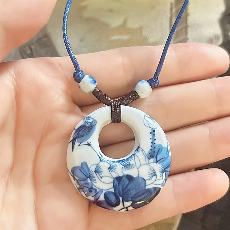 Buddha Stones Ethnic Peony Peach Blossoms Lotus Symbol Ceramics Necklace Enlightenment Pendant