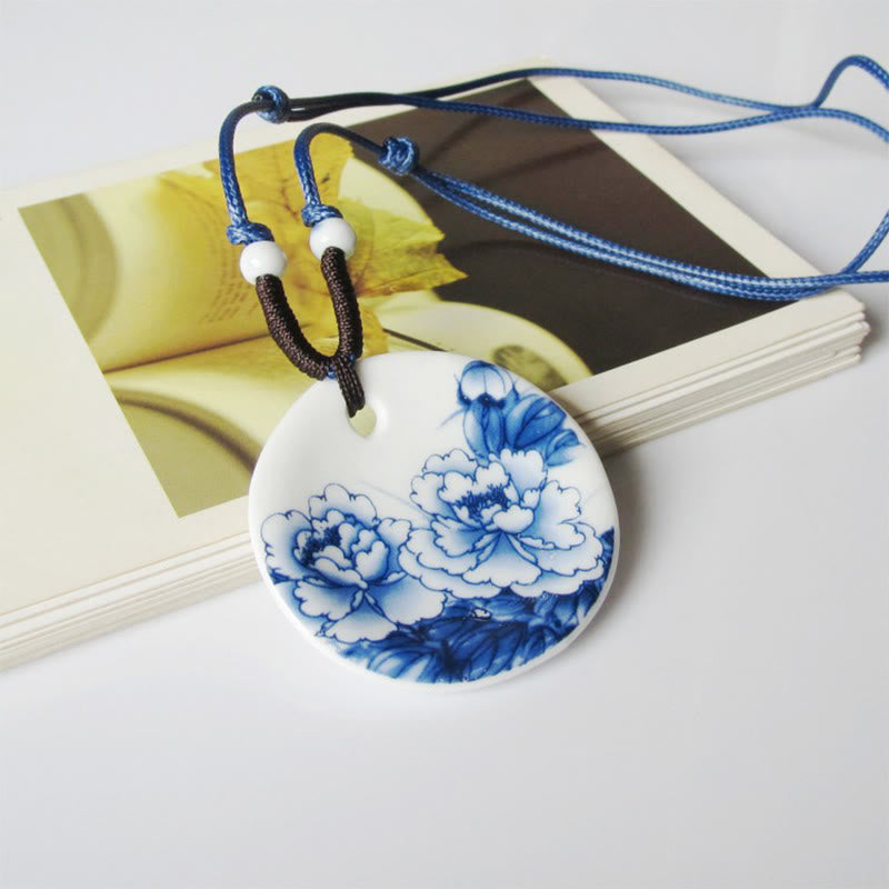 Buddha Stones Ethnic Peony Peach Blossoms Lotus Symbol Ceramics Necklace Enlightenment Pendant