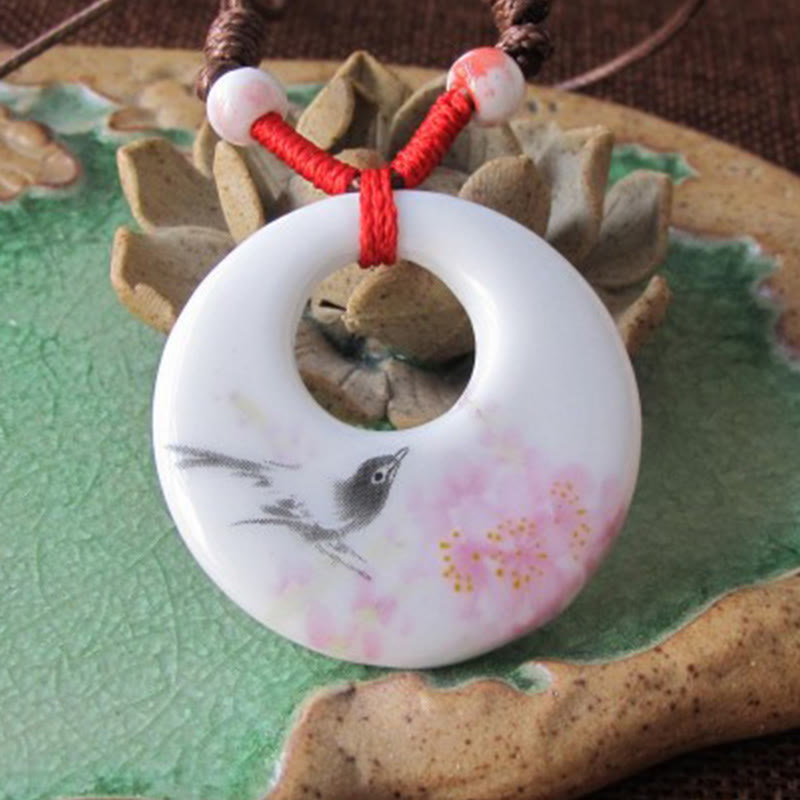 Buddha Stones Ethnic Peony Peach Blossoms Lotus Symbol Ceramics Necklace Enlightenment Pendant
