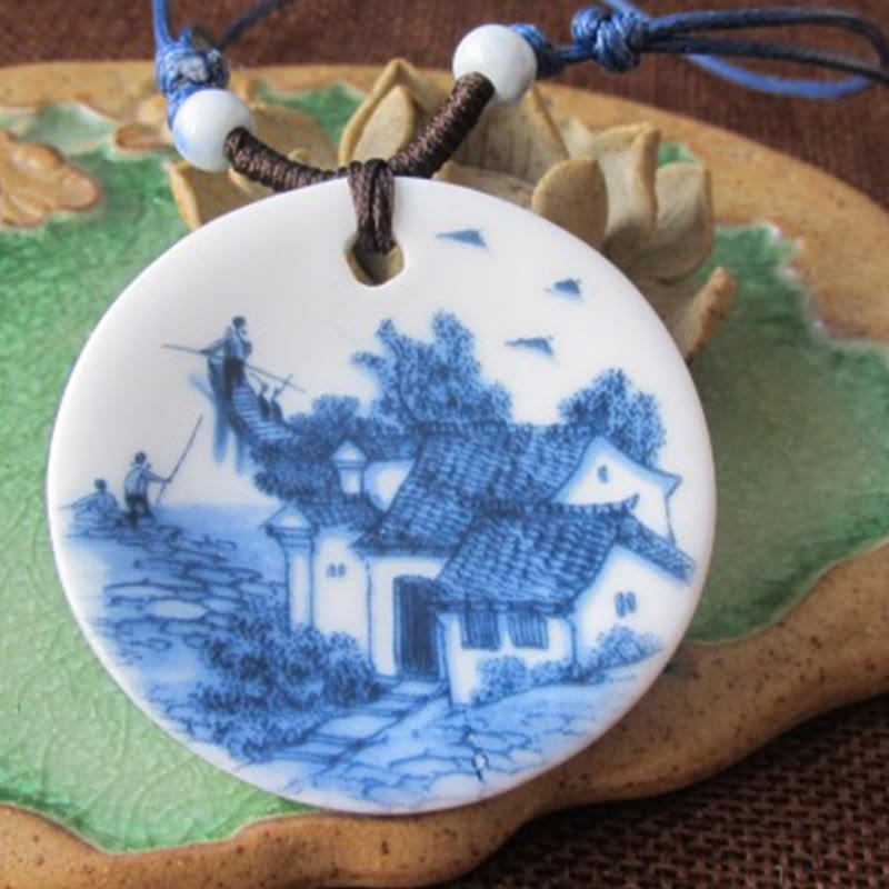 Buddha Stones Ethnic Peony Peach Blossoms Lotus Symbol Ceramics Necklace Enlightenment Pendant