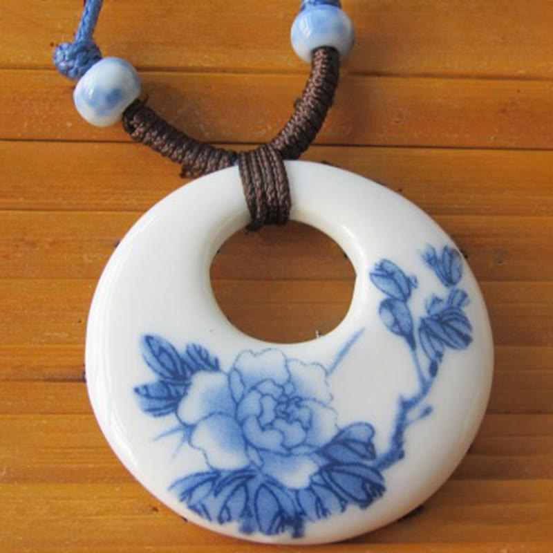 Buddha Stones Ethnic Peony Peach Blossoms Lotus Symbol Ceramics Necklace Enlightenment Pendant