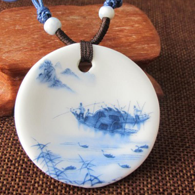 Buddha Stones Ethnic Peony Peach Blossoms Lotus Symbol Ceramics Necklace Enlightenment Pendant
