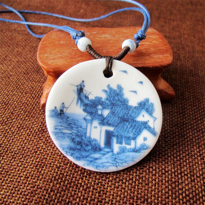 Buddha Stones Ethnic Peony Peach Blossoms Lotus Symbol Ceramics Necklace Enlightenment Pendant