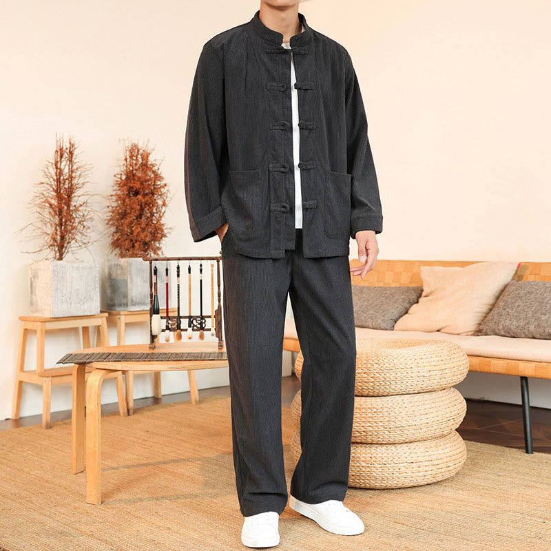 Buddha Stones 2pcs Plain Men's Frog-button Long Sleeve Shirt Pants Cotton Corduroy Set With Pockets