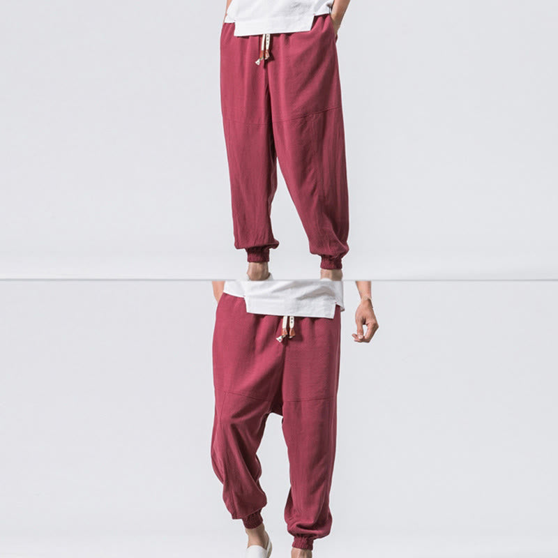 Buddha Stones Men's Plain Simple Drawstring Design Cotton Harem Pants With Pockets