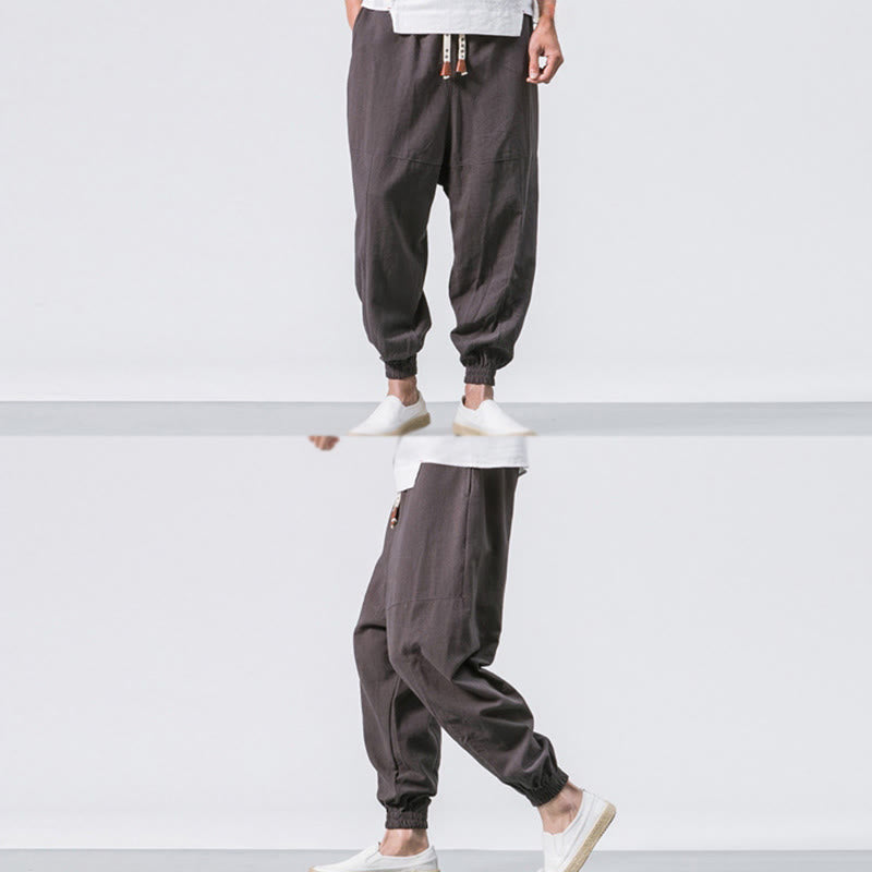 Buddha Stones Men's Plain Simple Drawstring Design Cotton Harem Pants With Pockets