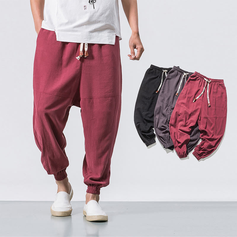 Buddha Stones Men's Plain Simple Drawstring Design Cotton Harem Pants With Pockets