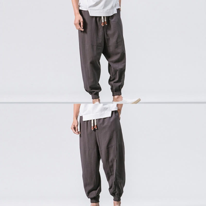 Buddha Stones Men's Plain Simple Drawstring Design Cotton Harem Pants With Pockets