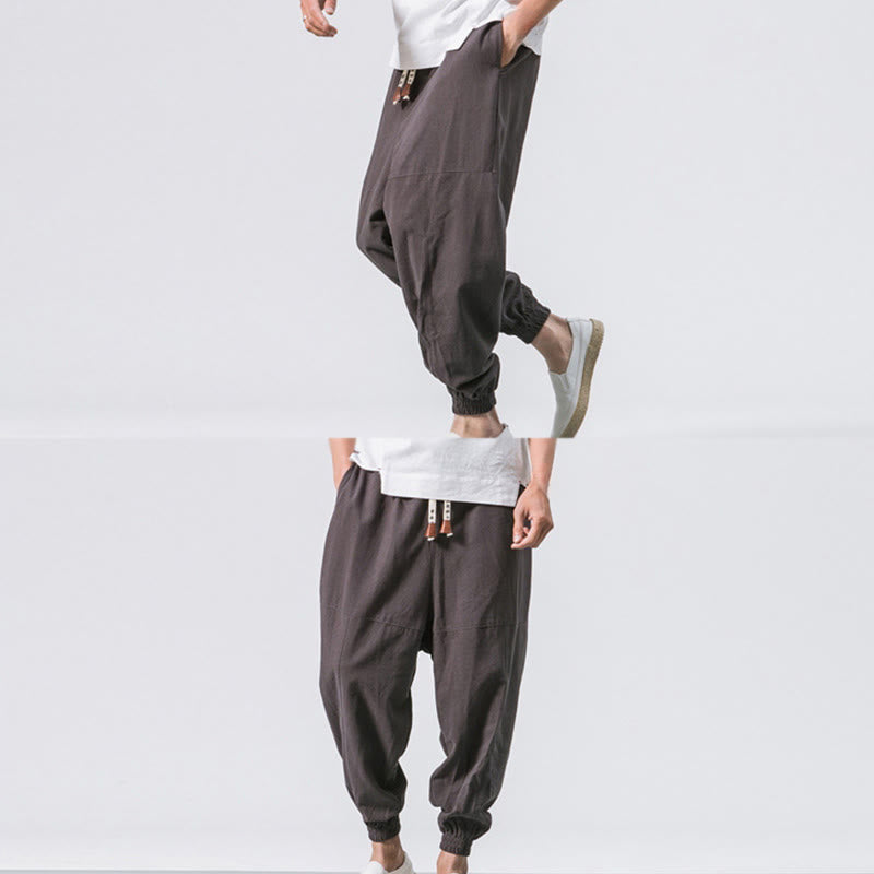 Buddha Stones Men's Plain Simple Drawstring Design Cotton Harem Pants With Pockets