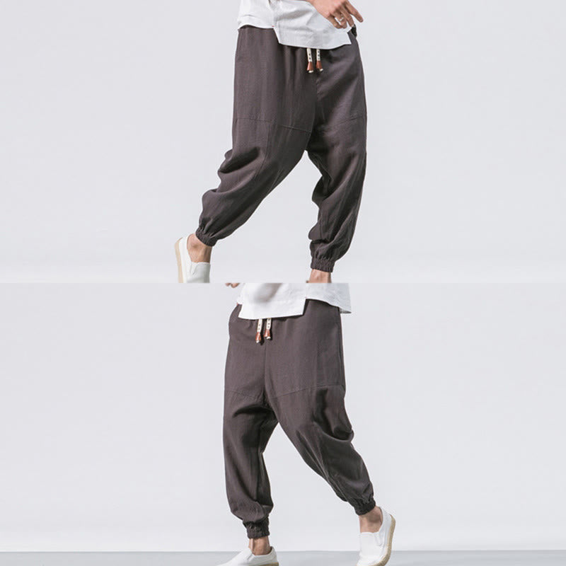 Buddha Stones Men's Plain Simple Drawstring Design Cotton Harem Pants With Pockets