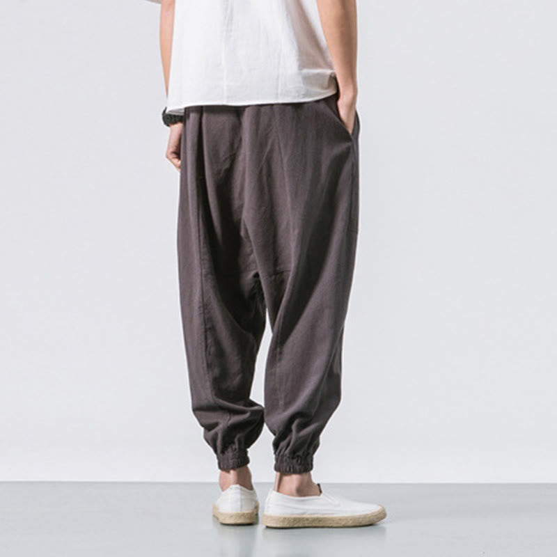 Buddha Stones Men's Plain Simple Drawstring Design Cotton Harem Pants With Pockets