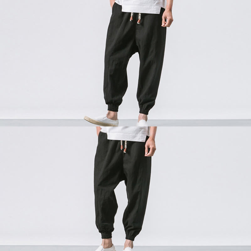 Buddha Stones Men's Plain Simple Drawstring Design Cotton Harem Pants With Pockets
