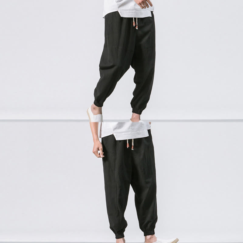 Buddha Stones Men's Plain Simple Drawstring Design Cotton Harem Pants With Pockets