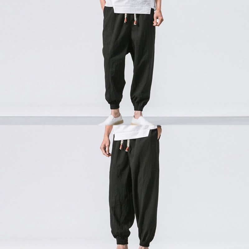 Buddha Stones Men's Plain Simple Drawstring Design Cotton Harem Pants With Pockets