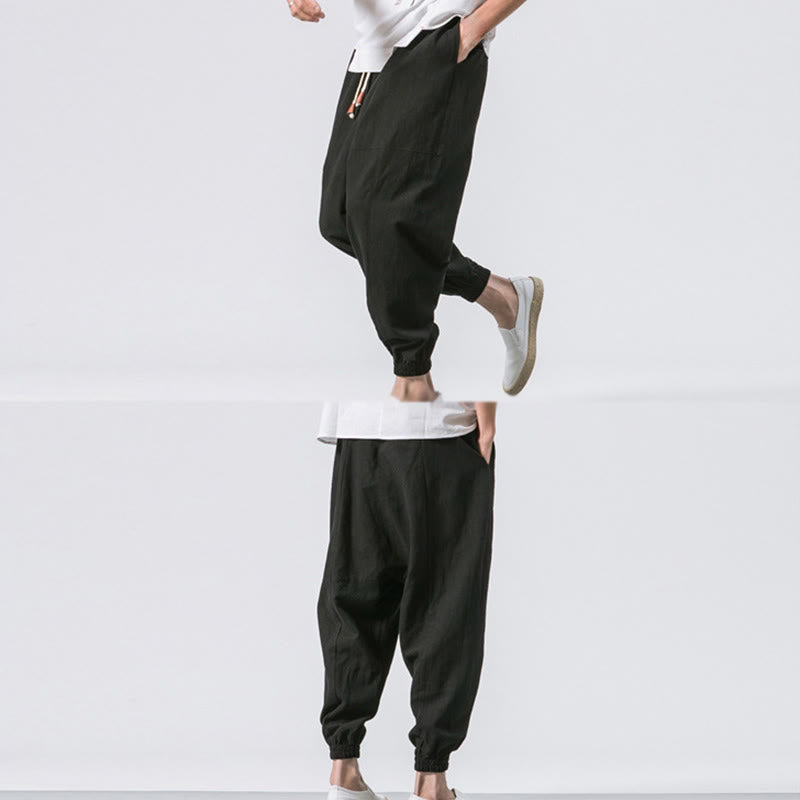 Buddha Stones Men's Plain Simple Drawstring Design Cotton Harem Pants With Pockets