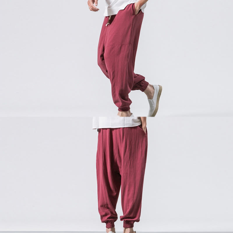 Buddha Stones Men's Plain Simple Drawstring Design Cotton Harem Pants With Pockets