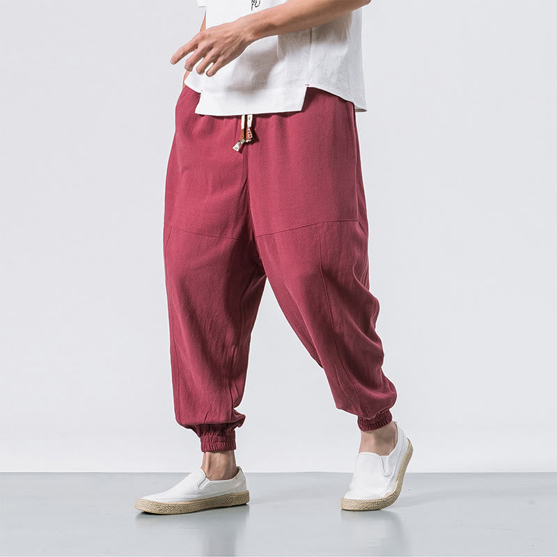 Buddha Stones Men's Plain Simple Drawstring Design Cotton Harem Pants With Pockets