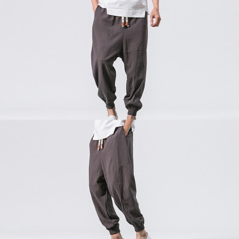 Buddha Stones Men's Plain Simple Drawstring Design Cotton Harem Pants With Pockets