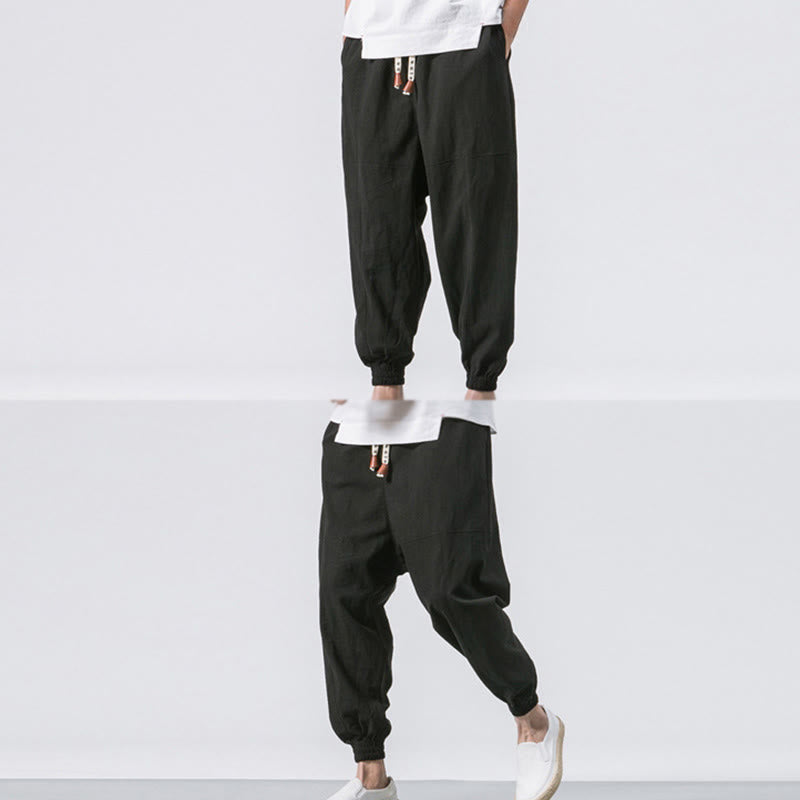 Buddha Stones Men's Plain Simple Drawstring Design Cotton Harem Pants With Pockets