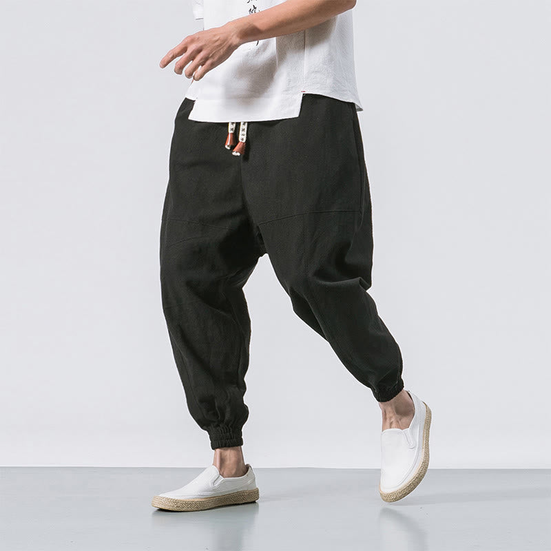 Buddha Stones Men's Plain Simple Drawstring Design Cotton Harem Pants With Pockets