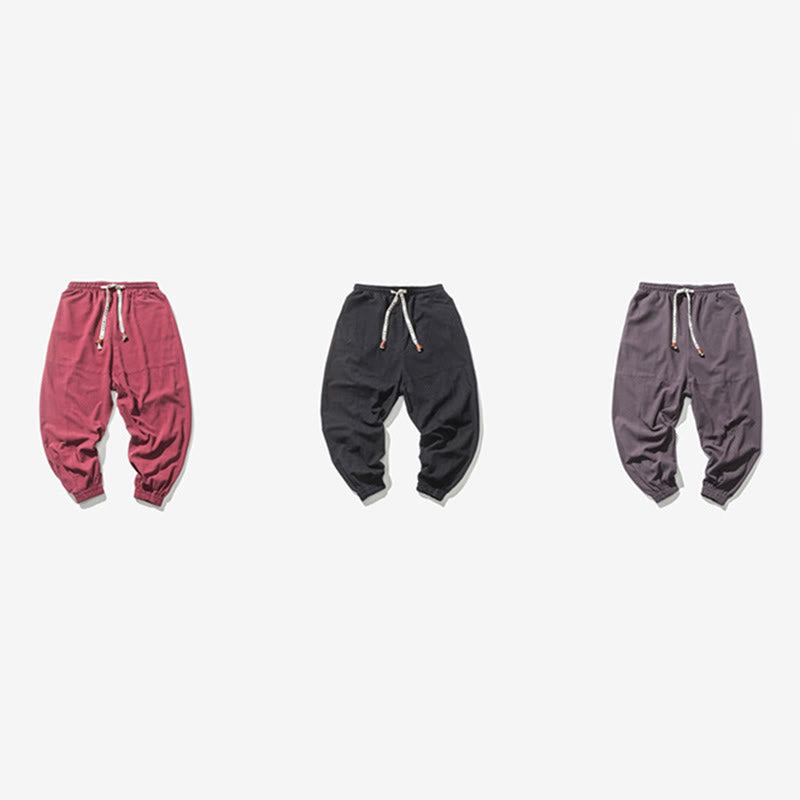 Buddha Stones Men's Plain Simple Drawstring Design Cotton Harem Pants With Pockets