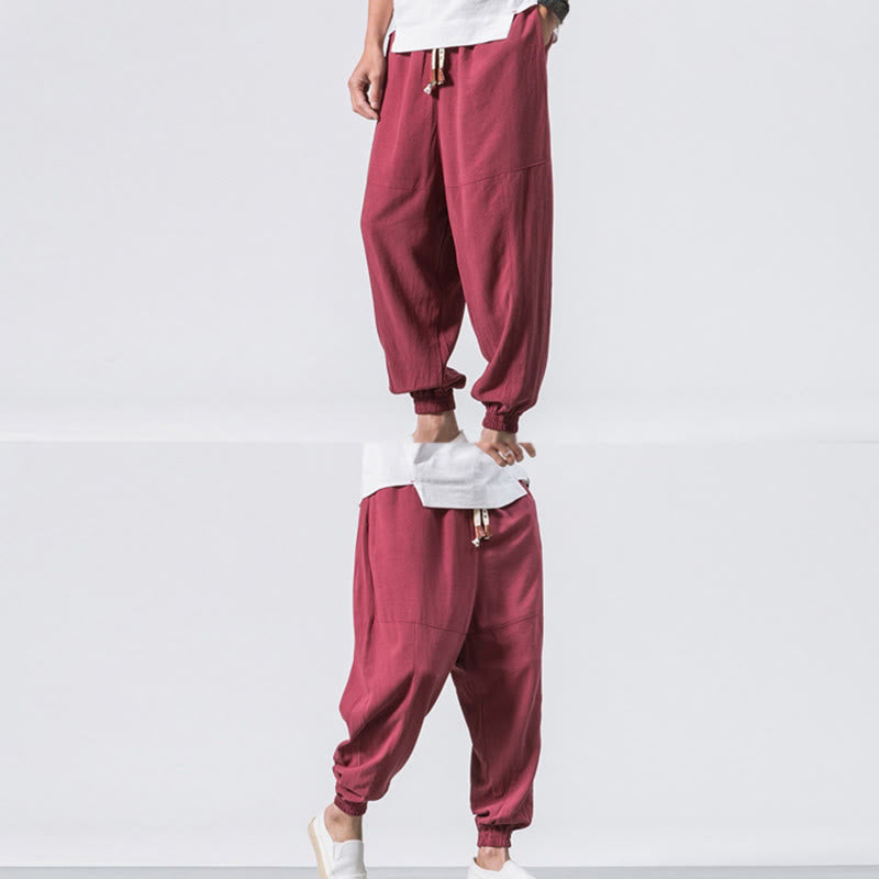 Buddha Stones Men's Plain Simple Drawstring Design Cotton Harem Pants With Pockets