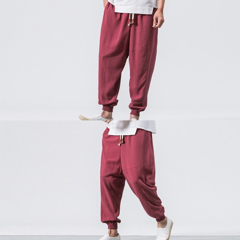Buddha Stones Men's Plain Simple Drawstring Design Cotton Harem Pants With Pockets