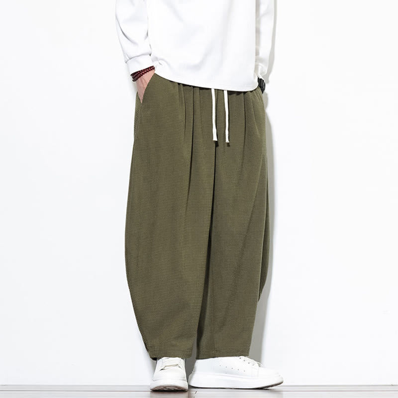 Buddha Stones Men's Plain Pure Cotton Corduroy Ankle-Length Harem Pants With Pockets