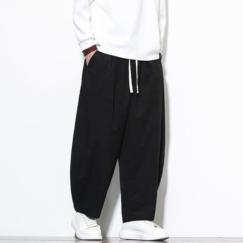 Buddha Stones Men's Plain Pure Cotton Corduroy Ankle-Length Harem Pants With Pockets