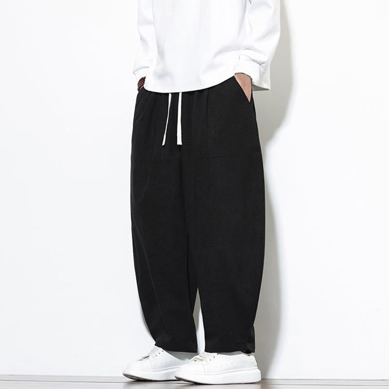 Buddha Stones Men's Plain Pure Cotton Corduroy Ankle-Length Harem Pants With Pockets