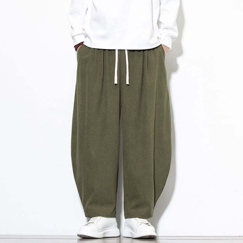 Buddha Stones Men's Plain Pure Cotton Corduroy Ankle-Length Harem Pants With Pockets