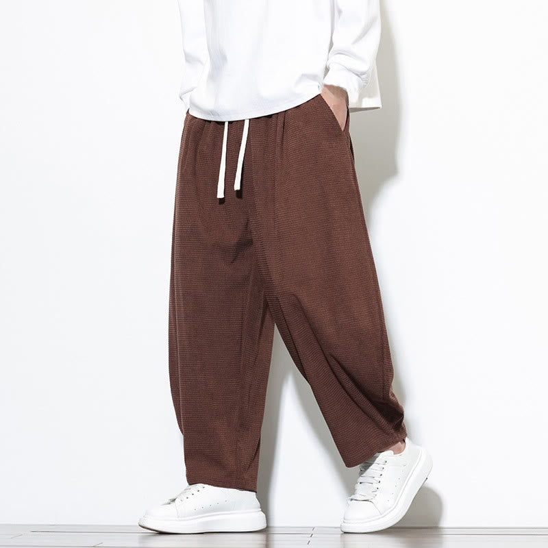 Buddha Stones Men's Plain Pure Cotton Corduroy Ankle-Length Harem Pants With Pockets
