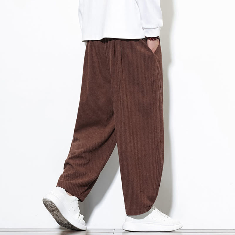 Buddha Stones Men's Plain Pure Cotton Corduroy Ankle-Length Harem Pants With Pockets