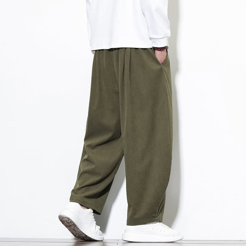 Buddha Stones Men's Plain Pure Cotton Corduroy Ankle-Length Harem Pants With Pockets